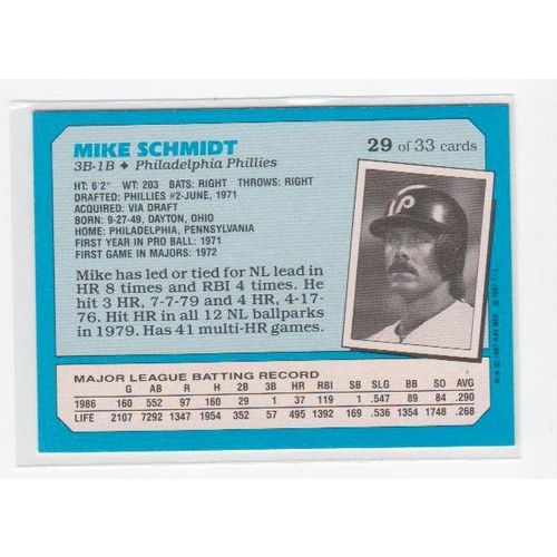 1987 Kay Bee Mike Schmidt Superstars of Baseball card #29 -HOF- Phillies