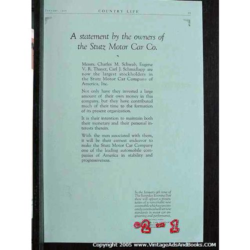 STUTZ MOTOR CAR COMPANY 1926 Charles Schwab stocks car vintage ad