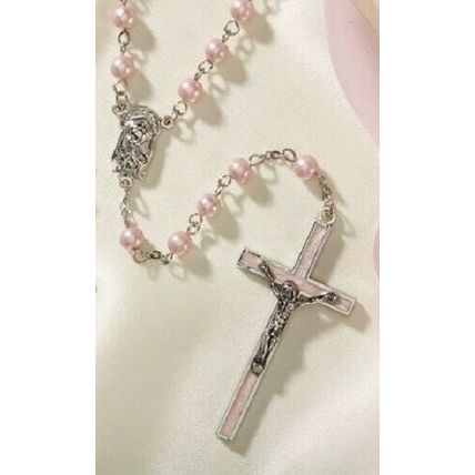 Pink Rosary with two prayer cards and a velvet rosary pouch
