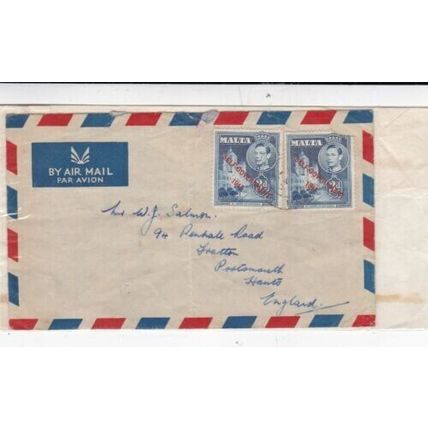 Malta 1947 Airmail Cover to Portsmouth hand written VGC