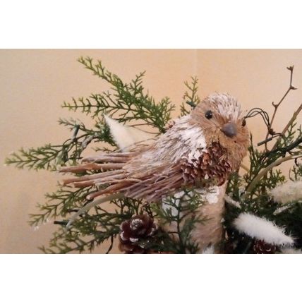 Artificial Winter Arrangement: 2 Beige Birds-White Plumes-Greenery in Metal Vase