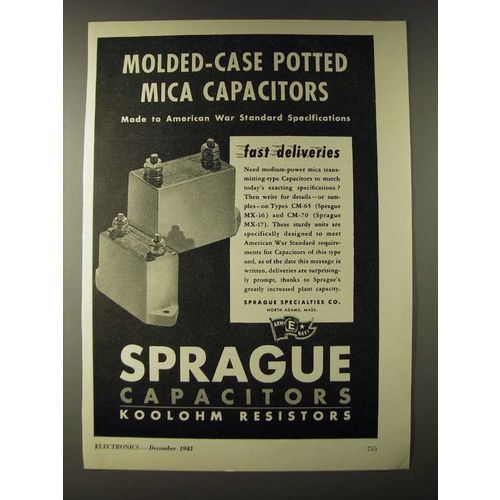 1943 Sprague Capacitors & Koolohm Resistors Ad - Molded-case potted mica