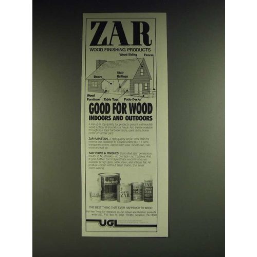 1984 UGL Zar Rainstain, Stains & Finishes Ad - Zar wood finishing products