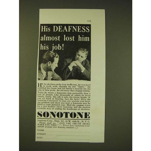 1936 Sonotone Hearing Aid Ad - His deafness almost lost him his job