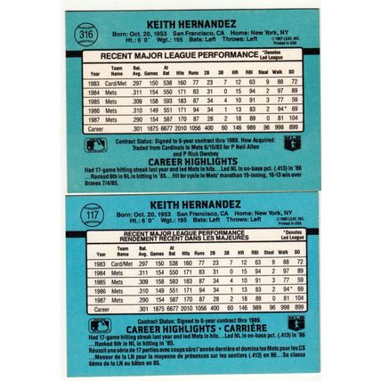 TWO Keith Hernandez baseball cards 1988 Donruss & Leaf #316, #117