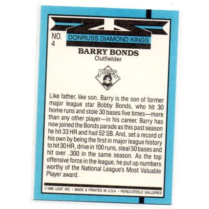 1991 Donruss Diamond Kings Barry Bonds - Card # 4