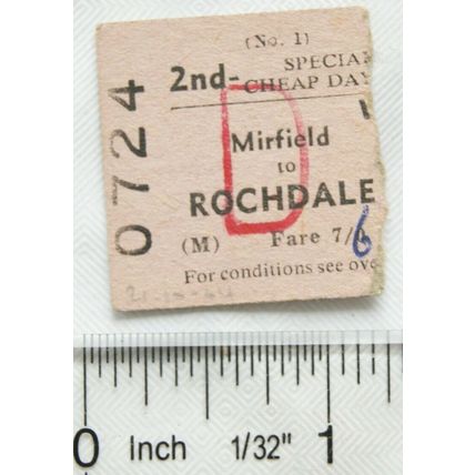 1961 British Transport Comm. ticket 2nd special cheap day Mirfield to Rochdale