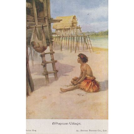 A Papuan Village Antique Linen Postcard