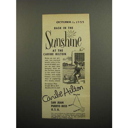 1955 Caribe Hilton Hotel Ad - Bask in the sunshine at the Caribe Hilton