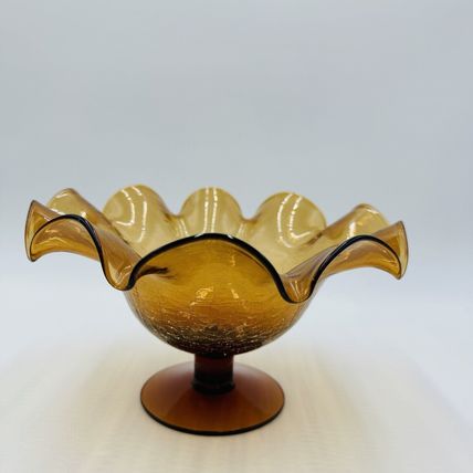 Blenko Art Glass Amberina Footed Vase Ruffled Crackled Compote 5.5in H x 9inW