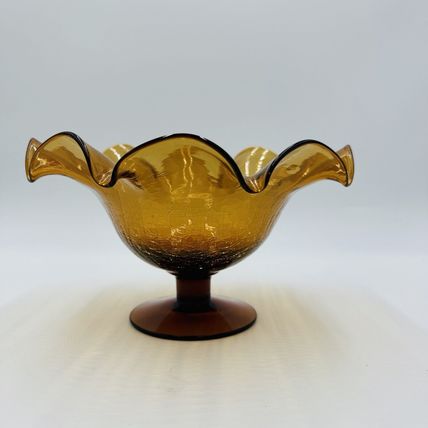 Blenko Art Glass Amberina Footed Vase Ruffled Crackled Compote 5.5in H x 9inW