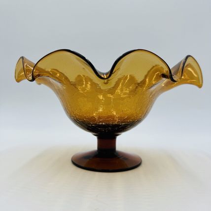 Blenko Art Glass Amberina Footed Vase Ruffled Crackled Compote 5.5in H x 9inW