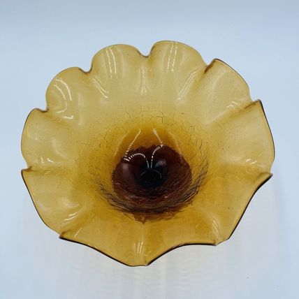Blenko Art Glass Amberina Footed Vase Ruffled Crackled Compote 5.5in H x 9inW