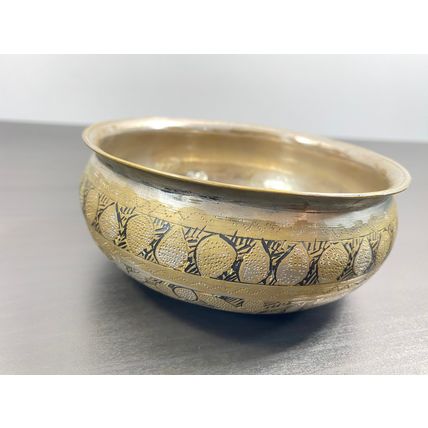 Antique Brass Bowl, Handmade Engraved Vessel, Circa 1800, Floral Pattern Dish, H