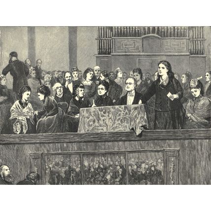WOMEN’S RIGHTS - MEETING AT HANOVER SQUARE ROOMS 1872 VICTORIAN ENGRAVING