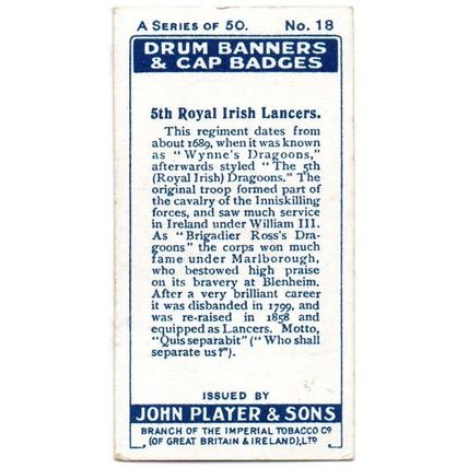 PLAYER'S CIGARETTE CARD DRUM BANNERS & CAP BADGES 1924 No.18# 5th.IRISH LANCERS