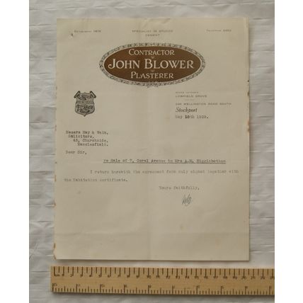 1939 letter John Blower, Contractor & Plasterer, Stockport