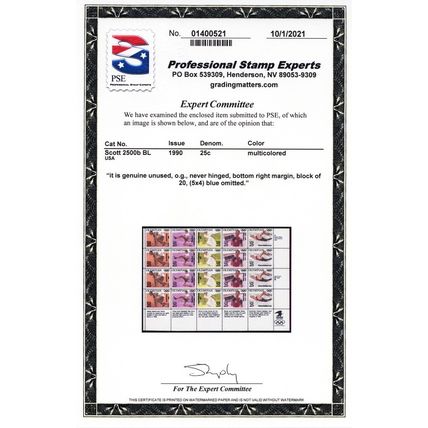 2500b, MNH 25¢ Blue Color Omitted Major Error (4 Strips) PSE Cert - Stuart Katz