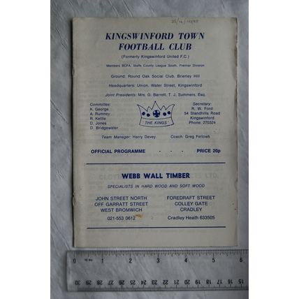 1982 programme Kingswinford Town FC v. Wheaton Aston FC