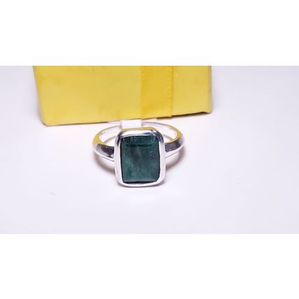 Estate 3.5ct Natural Emerald Cut Emerald bezel Polished SterlingSilver Ring22258