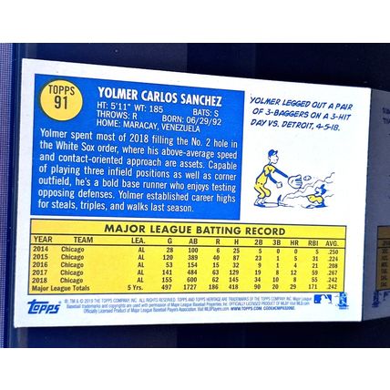 YOLMER SANCHEZ 2019 TOPPS HERITAGE BASEBALL CARD #91