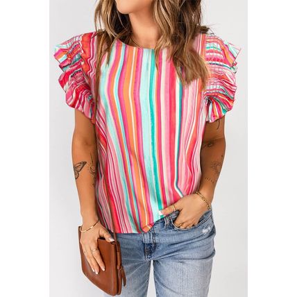 Stripe Abstract Print Stitching Ruffle Sleeve Blouse