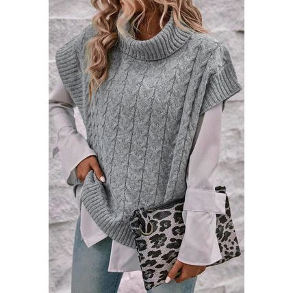 Medium Grey Cable Knit Turtleneck Batwing Sleeve Sweater