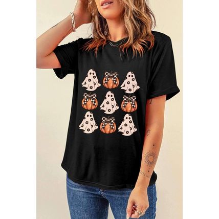Black Halloween Ghost Pumpkin Print Crew Neck T Shirt