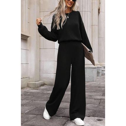 Black Solid Ribbed Knit Keyhole Back High Waist Jumpsuit