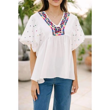 White Embroidered Puff Sleeve V Neck Blouse