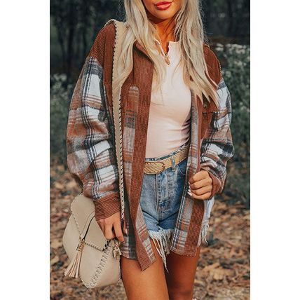 Cinnamon Plaid Corduroy Patchwork Chest Pocket Shacket