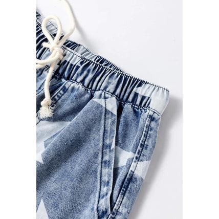 Light Blue Star Print Light Wash Drawstring High Waist Wide Leg Jeans