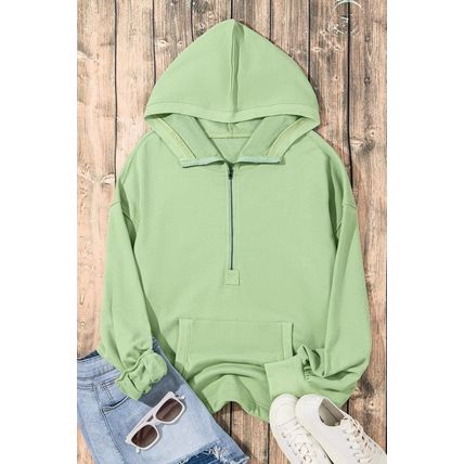 Smoke Green Solid Kangaroo Pocket Half Zipper Oversized Hoodie