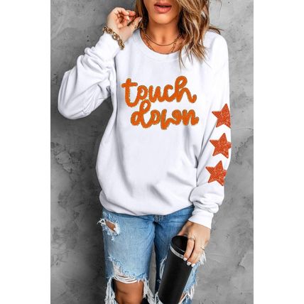 Beige Glittering Touch Down Patched Pattern Star Sleeve Sweatshirt
