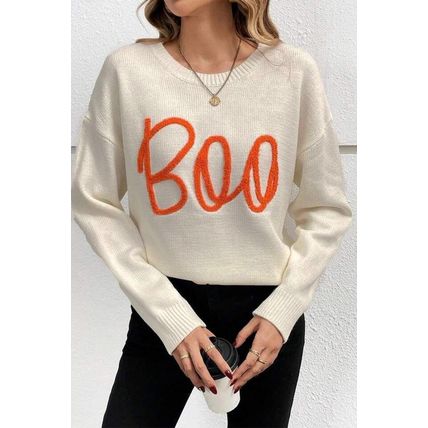 Apricot Boo Knitted Pattern Ribbed Edge Drop Shoulder Sweater