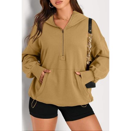Brown Solid Kangaroo Pocket Half Zipper Oversized Hoodie