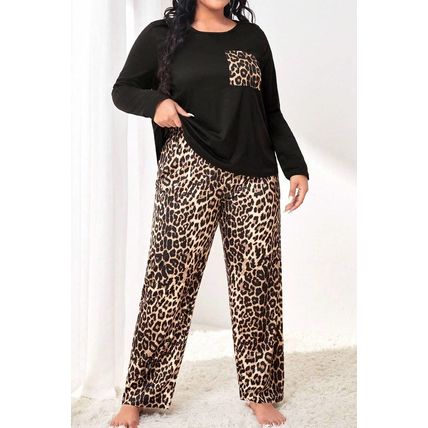 Black Leopard Patched Pocket Long Sleeve Top Plus Size Pants Set