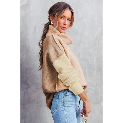 Pale Chestnut Color Block Turtle Neck Drop Shoulder Knit Sweater
