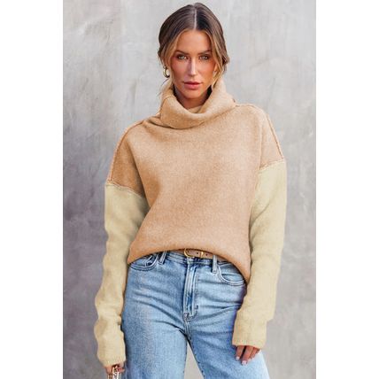Pale Chestnut Color Block Turtle Neck Drop Shoulder Knit Sweater