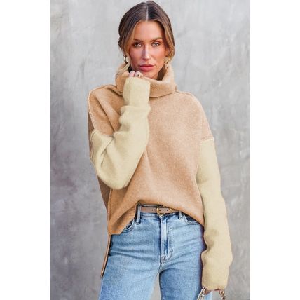 Pale Chestnut Color Block Turtle Neck Drop Shoulder Knit Sweater