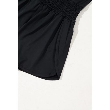 Black Plain Sleeveless Loop Drawstring Cinched Waist Romper