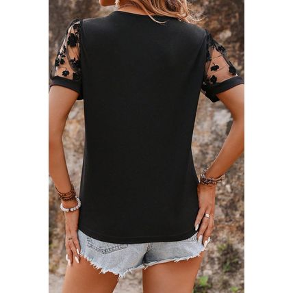 Black Flora Lace Patchwork Crew Neck T Shirt