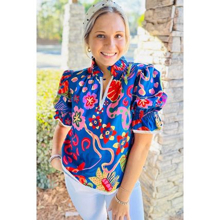 Blue Abstract Print Frilled Collar Ruffled Puff Short Sleeve Top