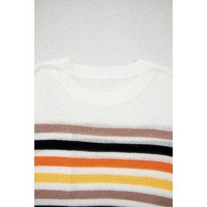 White Striped Pocketed Loose Fit Crewneck Knitted T Shirt