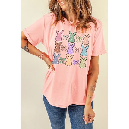 Pink Dotty Bunny Bow Printed Easter Day Fashion T Shirt