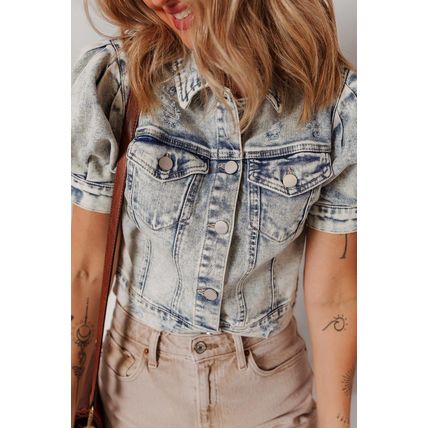 Beau Blue Light Wash Buttoned Chest Pocket Puff Sleeve Denim Jacket