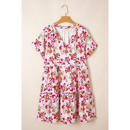 White Abstract Print V Neck Short Sleeve Ruffled Plus Size Mini Dress
