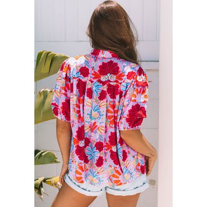 Pink Floral Print Bubble Sleeve Button Up Pleated Shirt