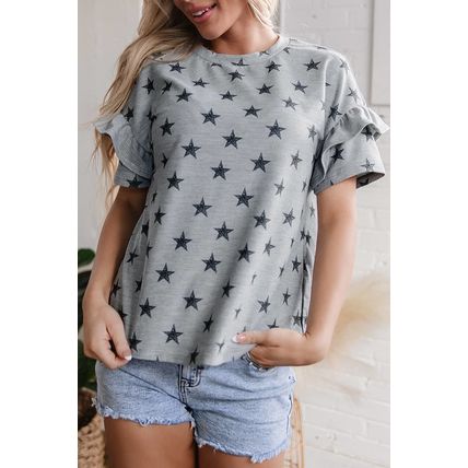 Gray Star Print Tiered Ruffled Sleeve Crew Neck T Shirt