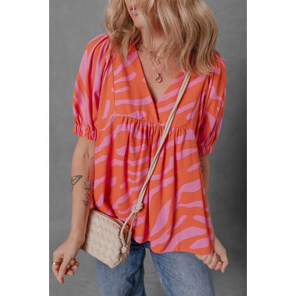 Orange Zebra Stripe Print Ruched Cuff Half Sleeve V Neck Blouse